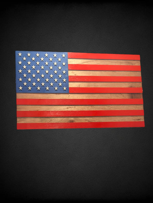 Wood Flag - USA - Red, White, Blue, Natural Wood Grain Color